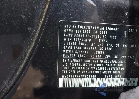 2015 Volkswagen Tiguan S из США, поврежденный, VIN WVGAV7AXXFW604845